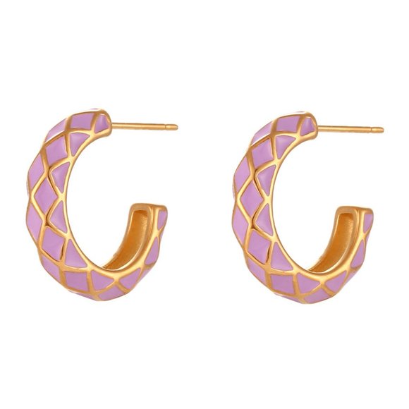 Lilac Purple Enamel Geometric Pattern Hoop Earrings 18K Gold Plated Stainless